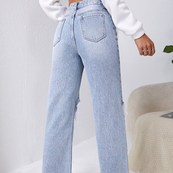 Light Wash Casual Women's distressed Ripped Raw Cut Straight Leg Jeans - Picture 5 of 5